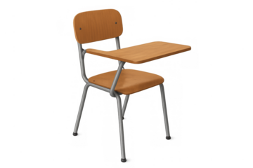 Empty wooden school desk and chair on transparent background