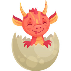 Cute Baby Dragon Hatching From Egg Adorable Cartoon Creature With Orange Yellow Scales Smiling With Eyes Closed A Whimsical Fantasy Character Ready To Explore