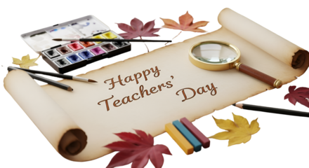 A heartfelt tribute for Happy Teachers Day artfully arranged with vintage scroll painting tools autumn leaves against a