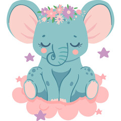 Cute Baby Elephant Adorned With Flower Crown Sitting on Pink Clouds Surrounded by Stars