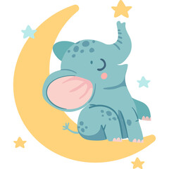Cute Baby Elephant Sitting on Crescent Moon Surrounded by Stars Adorable Animal Illustration for Kids
