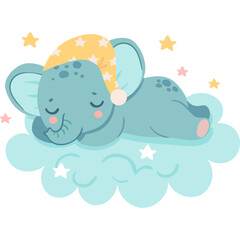 Cute Baby Elephant Sleeping on a Fluffy Cloud Wearing a Yellow Star Patterned Nightcap Surrounded by Twinkling Stars and Soft Pink Accents