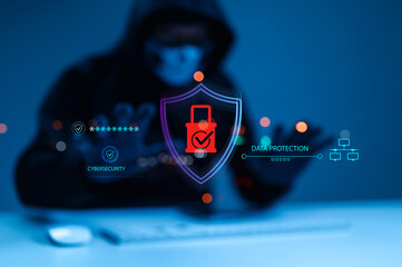 Cybersecurity Threat Hooded Figure Engaging Digital Data Protection System Interface