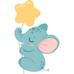 Cute baby elephant with closed eyes holding a yellow star balloon against a transparent white background.