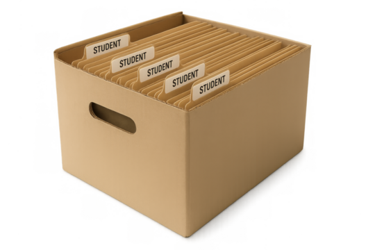 Cardboard box storing student files and documents