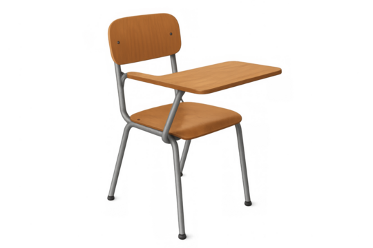 Empty wooden school desk and chair on transparent background