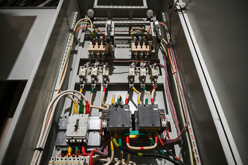 Industrial Electrical Control Panel Interior with Wiring, Contactors, and Circuit Breakers