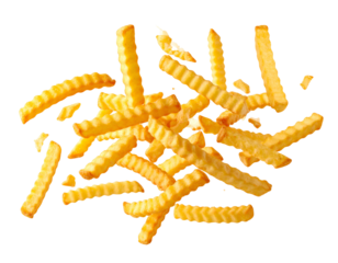 Heap of crinkle-cut fries with golden exterior and contrasting black background