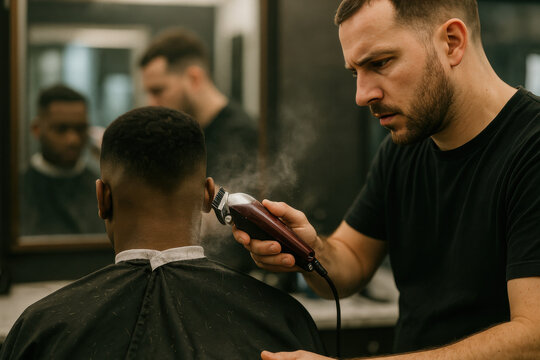 Barber Trimming Client's Hair with Electric Clipper