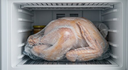 Frozen Turkey in Freezer - Preparing for Thanksgiving Feast.