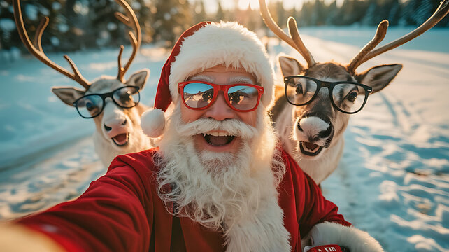 Funny santa claus grandpa making selfie with his reindeer modern lifestyle illustration, Merry Christmas