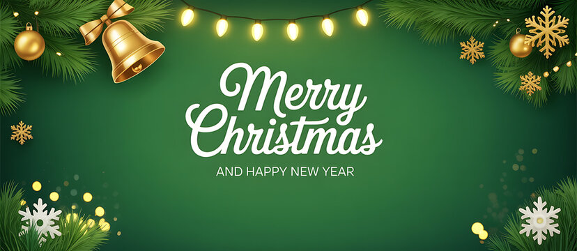 Realistic christmas and new year banner with branches on green background - Powered by Adobe