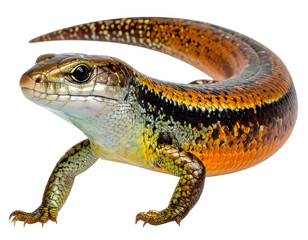 Obraz premium Exotic skink close-up showcasing vibrant colorful scales, detailed reptile photography, isolated on transparent background, PNG 
