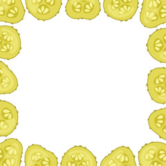 Pickles slices square frame. Pickled cucumbers border. Fermented vegetables decoration. Food vector illustration isolated on white background.