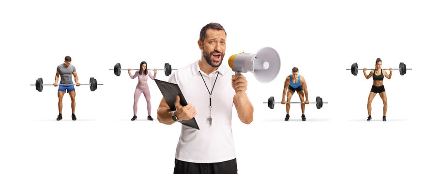 Sports coach using a megaphone in front of people exercsing weight lifting