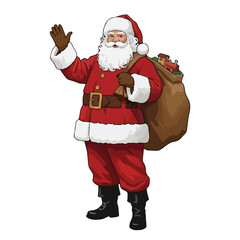 Cheerful Santa Claus Waving with Gift Sack - Festive Holiday Illustration with Transparent Background