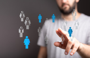 Concept of social networking, human interaction, community, and digital connections visualized through a touch interface.