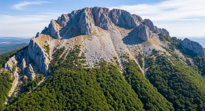 A rocky mountain dominates the view its base covered in lush green trees beneath a clear blue sky