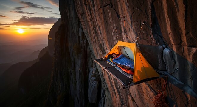 A climber rests inside a tent, suspended on a rocky cliff face, as the sun sets over a vast mountain range