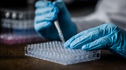 Scientist s hands in blue gloves pipetting samples into a microplate in a laboratory