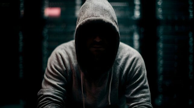 Anonymous figure in a hooded sweatshirt face obscured by shadow sits before glowing server racks in a dark room - Powered by Adobe