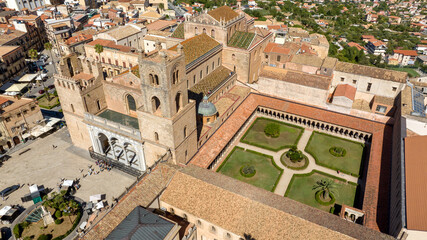Aerial view of Monreale Cathedral. It's a Catholic church in Monreale, Metropolitan City of Palermo, Sicily, Italy. Masterpiece of Norman architecture, it's a national monument and World Heritage site