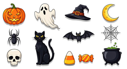 Fototapeta premium A collection of Halloween-themed icons, including pumpkins, ghosts, witch hats, spiders, bats, and candies.