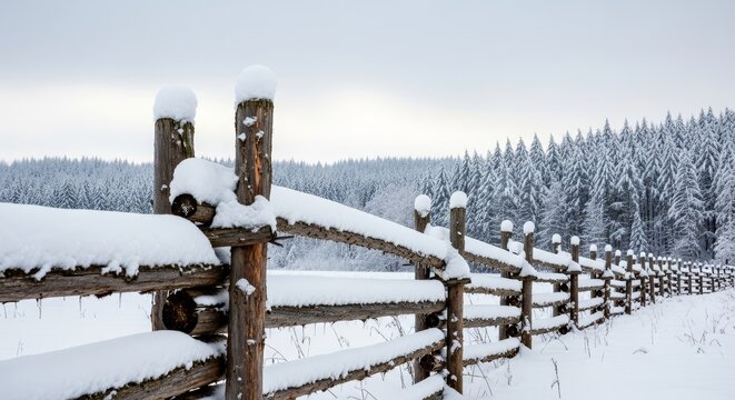A snowcovered wooden fence stretches into a snowy landscape of trees under a gray sky