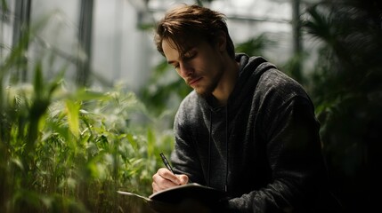 Young man in a hoodie diligently writing in a notebook amidst lush green plants in an indoor research setting