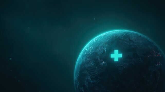 healthcare hospital sustainability. Glowing globe with a medical cross symbolizing global health and wellness.