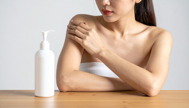 Close-up of young woman applying white lotion or moisturizer from a pump bottle to her arm