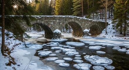 A stone bridge with three arches crosses a river dotted with ice floes in a snowy wooded landscape