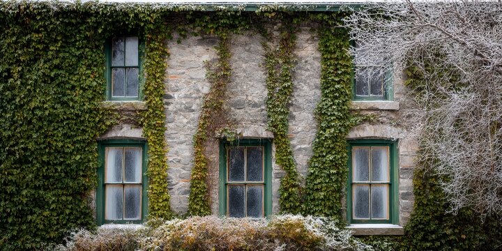 A stone building facade with ivycovered walls and frost on the windows and foliage presenting a wintry scene