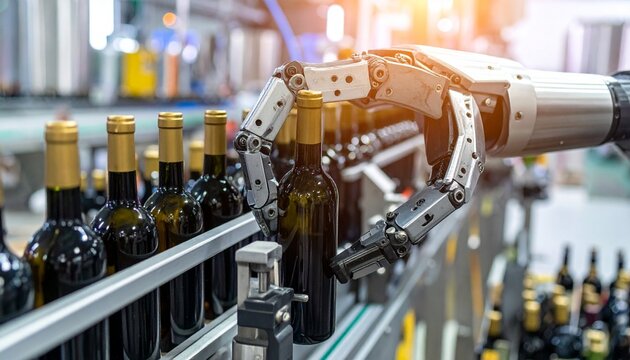 Robotic arm working on wine bottling line in modern facility—automation in beverage production with aligned bottles and clean environment.