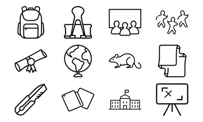 Education and Learning Icon Set – Backpack, Diploma, Tablet, Map, School Building, World Globe, Mouse, and Classroom Equipment in Outline Style on White Background