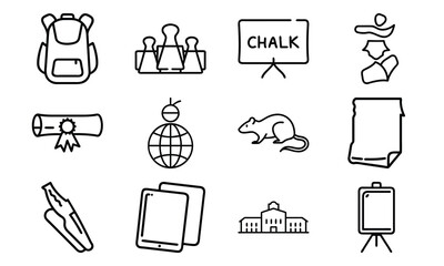 Education and Learning Icon Set – Backpack, Diploma, Tablet, Map, School Building, World Globe, Mouse, and Classroom Equipment in Outline Style on White Background