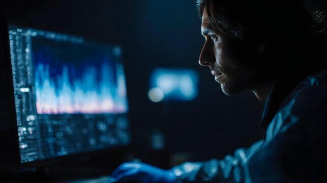 Focused man in blue gloves analyzes complex data visualizations on a computer screen in a dark room - Powered by Adobe