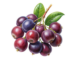 Obraz premium Close-up photo of a vibrant cluster of ripe serviceberries on a branch with green leaves isolated