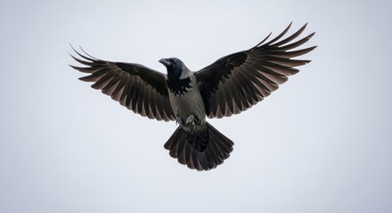 Obraz premium Soaring hooded crow in flight against grey sky