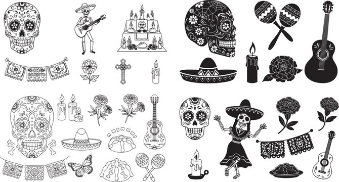 Day of the Dead symbols and elements, including skulls, maracas, candles, and flowers.