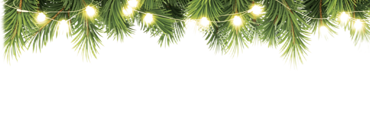 Seamless decorative christmas border with coniferous branches and garlands of christmas lights on transparent background