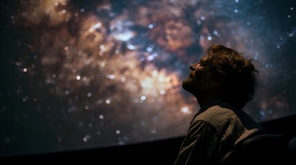 A man looks up in awe at a projection of the cosmos within a planetarium dome