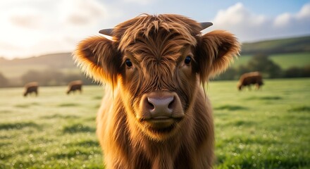 A close-up portrait of a fluffy, brown calf with small horns, gazing directly at the viewer in a sunny meadow. Other cows graze in the background