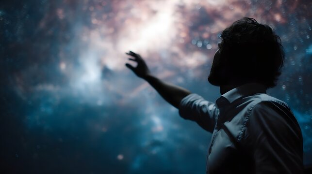 Man reaches towards a vivid cosmic nebula projection