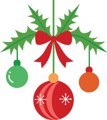 Christmas balls and decorations hanging on a fir tree branch for festive holiday celebration