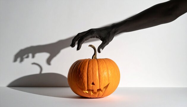 Carved jack-o'-lantern casting spooky hand shadow on white wall — classic Halloween icon with eerie lighting.