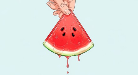 Hand Holding Dripping Watermelon Slice with Seeds on Light Blue Background