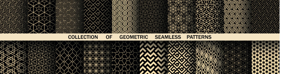 Geometric set of seamless black and golden patterns. Simple vector graphics © ELENA