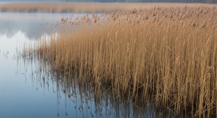 Fototapeta premium Serene lakeside with golden reeds reflecting in calm water