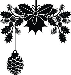 Silhouette Christmas tree branch decorated with festive ornaments